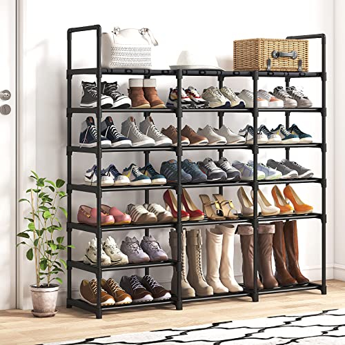 7 Tiers Large Shoe Rack, 38-42 Pairs Large Metal Boot Shelf 3 Rows Shoe Organizer Stackable Shoe Storage Cabinet Top with Waterproof PP Plastic Sheet Space Saving for Entryway Room Organization