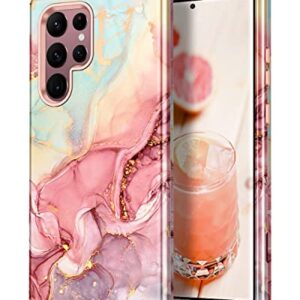 Btscase Case for Samsung Galaxy S22 Ultra 5G , Marble Pattern 3 in 1 Heavy Duty Shockproof Full Body Rugged Hard PC+Soft Silicone Drop Protective Women Girl Covers , Rose Gold