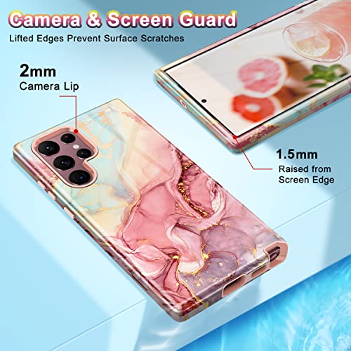 Btscase Case for Samsung Galaxy S22 Ultra 5G , Marble Pattern 3 in 1 Heavy Duty Shockproof Full Body Rugged Hard PC+Soft Silicone Drop Protective Women Girl Covers , Rose Gold