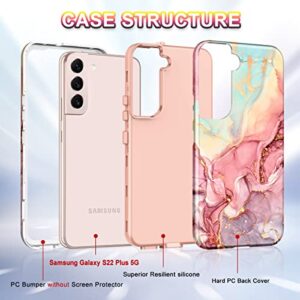 Btscase for Samsung Galaxy S22+/S22 Plus 5G Case, Marble Pattern 3 in 1 Heavy Duty Shockproof Full Body Rugged Hard PC+Soft Silicone Drop Protective Women Girl Covers for S22+/S22 Plus, Rose Gold