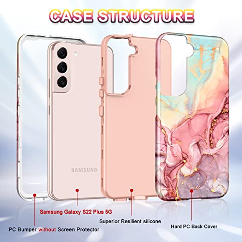 Btscase for Samsung Galaxy S22+/S22 Plus 5G Case, Marble Pattern 3 in 1 Heavy Duty Shockproof Full Body Rugged Hard PC+Soft Silicone Drop Protective Women Girl Covers for S22+/S22 Plus, Rose Gold