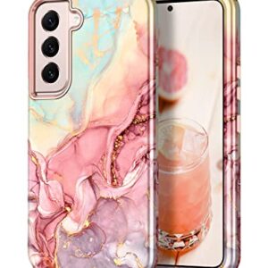 Btscase for Samsung Galaxy S22 5G 6.1 Inch Case,Marble Pattern 3 in 1 Heavy Duty Shockproof Full Body Rugged Hard PC+Soft Silicone Drop Protective Women Girl Cover, Rose Gold