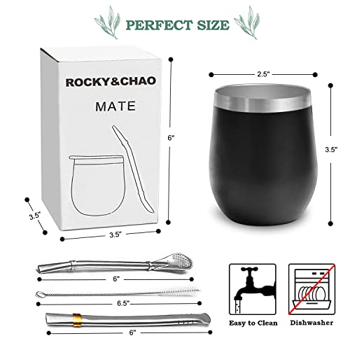 8 Oz Yerba Mate Cup, Tea Cup Set Include Stainless Steel Modern Mate Cup, 2 Bombilla Mate Straws, Cleaning Brush and BPA Free Lid, Double-Walled and Hot & Cold Drink, for Mate Tea, Coffe, Drinks