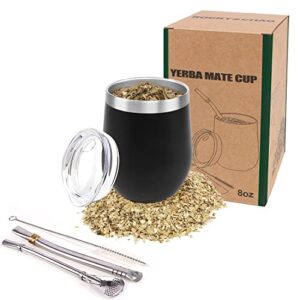 8 oz yerba mate cup, tea cup set include stainless steel modern mate cup, 2 bombilla mate straws, cleaning brush and bpa free lid, double-walled and hot & cold drink, for mate tea, coffe, drinks