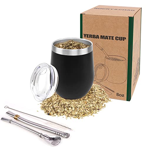 8 Oz Yerba Mate Cup, Tea Cup Set Include Stainless Steel Modern Mate Cup, 2 Bombilla Mate Straws, Cleaning Brush and BPA Free Lid, Double-Walled and Hot & Cold Drink, for Mate Tea, Coffe, Drinks