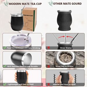 8 Oz Yerba Mate Cup, Tea Cup Set Include Stainless Steel Modern Mate Cup, 2 Bombilla Mate Straws, Cleaning Brush and BPA Free Lid, Double-Walled and Hot & Cold Drink, for Mate Tea, Coffe, Drinks