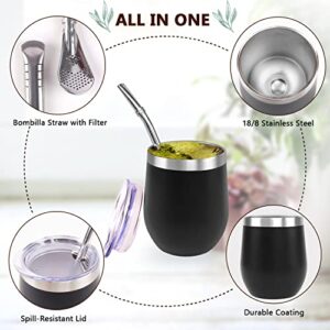 8 Oz Yerba Mate Cup, Tea Cup Set Include Stainless Steel Modern Mate Cup, 2 Bombilla Mate Straws, Cleaning Brush and BPA Free Lid, Double-Walled and Hot & Cold Drink, for Mate Tea, Coffe, Drinks