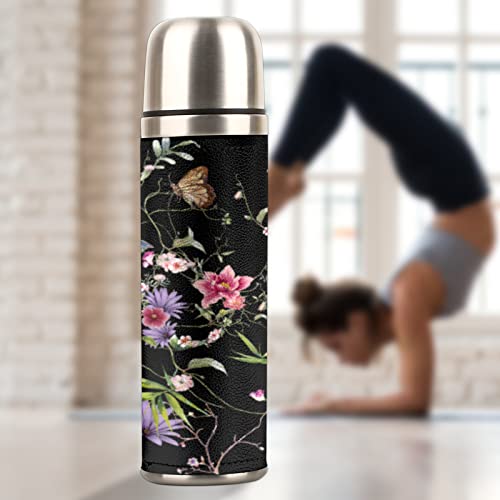 Coffee Thermos,Water Bottle Thermos Bottle with Leakproof Lid Thermos for Hot Drinks, BPA Free,Travel Vacuum Insulated Stainless Steel Bottle (Flowers, With Cup)