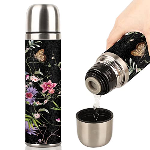 Coffee Thermos,Water Bottle Thermos Bottle with Leakproof Lid Thermos for Hot Drinks, BPA Free,Travel Vacuum Insulated Stainless Steel Bottle (Flowers, With Cup)