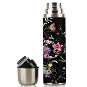 Coffee Thermos,Water Bottle Thermos Bottle with Leakproof Lid Thermos for Hot Drinks, BPA Free,Travel Vacuum Insulated Stainless Steel Bottle (Flowers, With Cup)