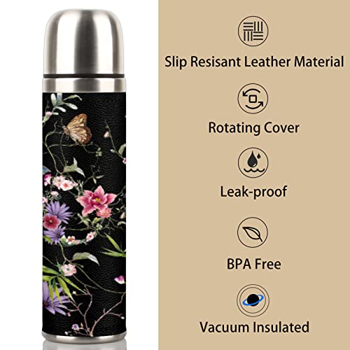 Coffee Thermos,Water Bottle Thermos Bottle with Leakproof Lid Thermos for Hot Drinks, BPA Free,Travel Vacuum Insulated Stainless Steel Bottle (Flowers, With Cup)