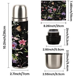 Coffee Thermos,Water Bottle Thermos Bottle with Leakproof Lid Thermos for Hot Drinks, BPA Free,Travel Vacuum Insulated Stainless Steel Bottle (Flowers, With Cup)