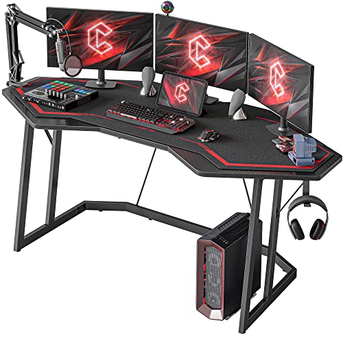 CubiCubi Battleship Gaming Desk 63 inch Gamer Workstation, Home Computer Carbon Fiber Surface Gaming Desk PC Table with Cable Tray and Headphone Hook