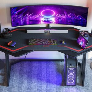 CubiCubi Battleship Gaming Desk 63 inch Gamer Workstation, Home Computer Carbon Fiber Surface Gaming Desk PC Table with Cable Tray and Headphone Hook