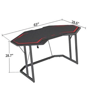 CubiCubi Battleship Gaming Desk 63 inch Gamer Workstation, Home Computer Carbon Fiber Surface Gaming Desk PC Table with Cable Tray and Headphone Hook