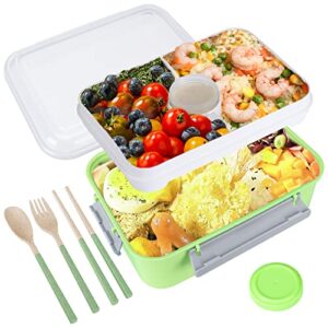 DANIA & DEAN Lunch Container Bento Box, Large 54-oz Salad Bowl, Leak-proof Stackable Tray with 2-oz Sauce Container to Go for Adult, Reusable Utensil Set Included, BPA-Free (Green)