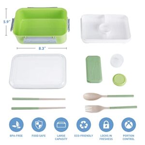 DANIA & DEAN Lunch Container Bento Box, Large 54-oz Salad Bowl, Leak-proof Stackable Tray with 2-oz Sauce Container to Go for Adult, Reusable Utensil Set Included, BPA-Free (Green)