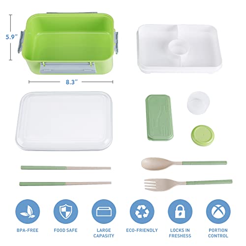 DANIA & DEAN Lunch Container Bento Box, Large 54-oz Salad Bowl, Leak-proof Stackable Tray with 2-oz Sauce Container to Go for Adult, Reusable Utensil Set Included, BPA-Free (Green)