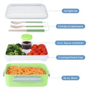 DANIA & DEAN Lunch Container Bento Box, Large 54-oz Salad Bowl, Leak-proof Stackable Tray with 2-oz Sauce Container to Go for Adult, Reusable Utensil Set Included, BPA-Free (Green)