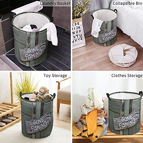 Laundry Basket Gone Fishing Wooden Doors Pattern Hampers for Laundry Room/Dorm/Nursery Collapsible Clothes Hamper with Handle Waterproof Storage Baskets for Bedrooms/Bathroom 16.5x17in