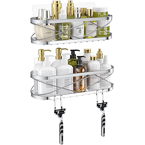 PARAKE Shower Caddy for Bathroom, 2-Pack Self-Adhesive Shower Storage Shelf with 4 Hooks, SUS304 Shampoo Organizer Rack Shower Shelf, Rustproof Large Capacity, for Kitchen Dorm Bath Toilet, Silver