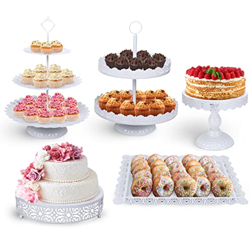 Tiered Cake Stand 5 Pc. Set with 3-Tier, 2-Tier, and Round Displays, Pedestal Dessert Stands, and Square Serving Tray Platter for Cupcakes, Pies, Cookies, Pastries, and Snacks