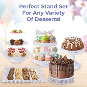 Tiered Cake Stand 5 Pc. Set with 3-Tier, 2-Tier, and Round Displays, Pedestal Dessert Stands, and Square Serving Tray Platter for Cupcakes, Pies, Cookies, Pastries, and Snacks