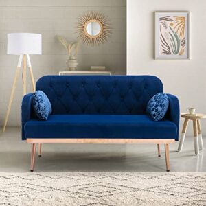 yoglad velvet small sofa, upholstered loveseat with golden metal legs, accent couch with cute pillows, small couch with solid wood frame, for living room, bed room, dorm, 55" inch (navy)