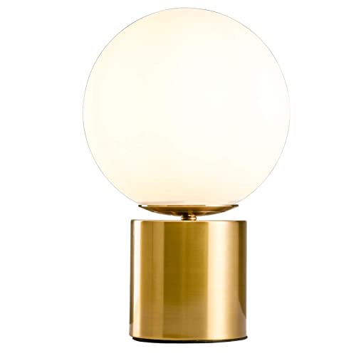 SOTTAE Modern Gold Globe Table Desk Lamp,Vintage Mid Century Round Table Lamp with White Glass Shade Metal Base for Bedroom Bedside Lamp Living Room End Table