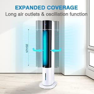 Evaporative Air Cooler, Indoor Oscillating Swamp Cooler Fan with Remote, 3 Mode / 3 Speeds Air Cooler, Bladeless 43in Air Conditioner Fan for Bed Room, Office, 3L Water Tank, 12H Timer, 2 Ice Boxes