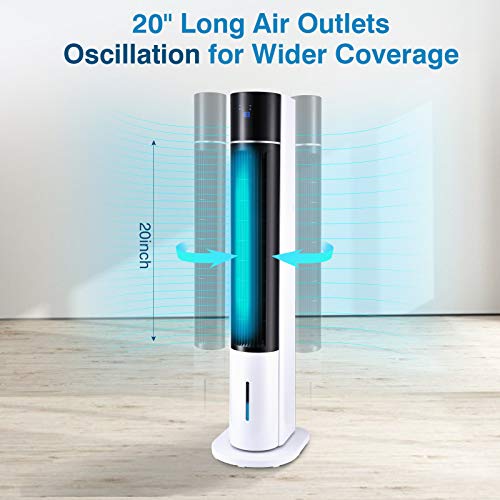 Evaporative Air Cooler, Indoor Oscillating Swamp Cooler Fan with Remote, 3 Mode / 3 Speeds Air Cooler, Bladeless 43in Air Conditioner Fan for Bed Room, Office, 3L Water Tank, 12H Timer, 2 Ice Boxes