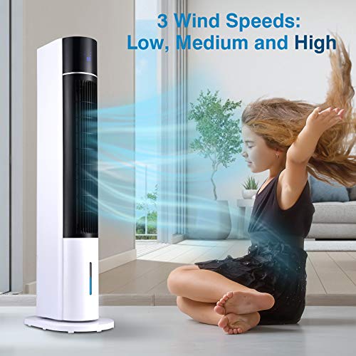 Evaporative Air Cooler, Indoor Oscillating Swamp Cooler Fan with Remote, 3 Mode / 3 Speeds Air Cooler, Bladeless 43in Air Conditioner Fan for Bed Room, Office, 3L Water Tank, 12H Timer, 2 Ice Boxes