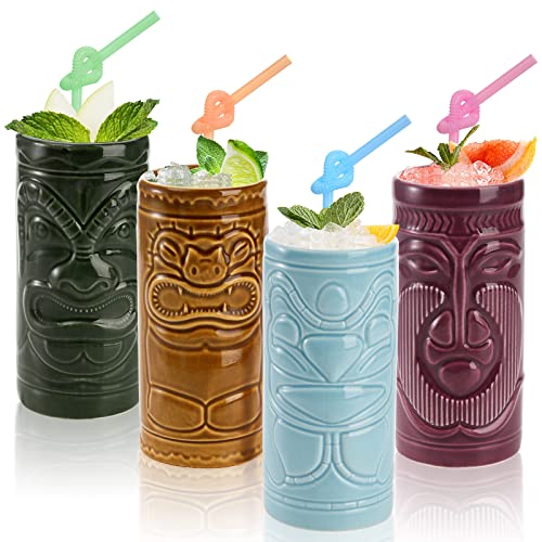 Cedilis 4 Pack Ceramic Tiki Mug, 10oz Tiki Drinking Cups, Exotic Zombie Cocktail Glasses, Tumblers Mai Tai glass, Tiki Bar Professional Hawaiian Party Barware