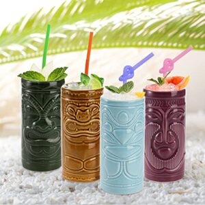 Cedilis 4 Pack Ceramic Tiki Mug, 10oz Tiki Drinking Cups, Exotic Zombie Cocktail Glasses, Tumblers Mai Tai glass, Tiki Bar Professional Hawaiian Party Barware