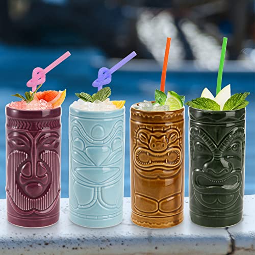 Cedilis 4 Pack Ceramic Tiki Mug, 10oz Tiki Drinking Cups, Exotic Zombie Cocktail Glasses, Tumblers Mai Tai glass, Tiki Bar Professional Hawaiian Party Barware