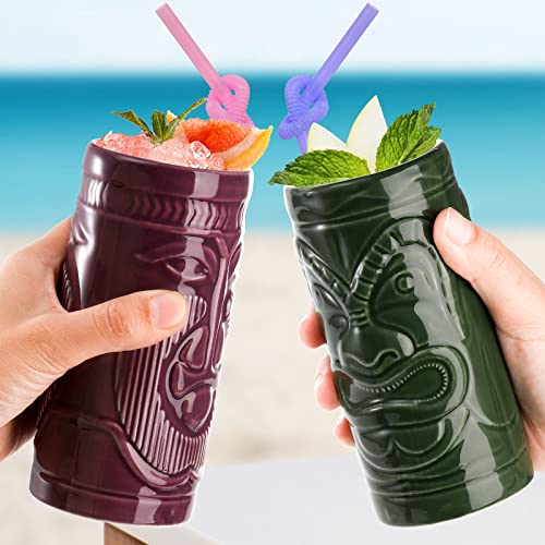 Cedilis 4 Pack Ceramic Tiki Mug, 10oz Tiki Drinking Cups, Exotic Zombie Cocktail Glasses, Tumblers Mai Tai glass, Tiki Bar Professional Hawaiian Party Barware