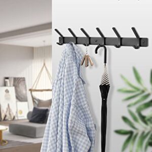 Coat Rack Wall Mounted with 6 Dual Hooks Rail for Hanging Clothes Hats Bags Keys at Entryway Towel Head Wraps Robes at Mudroom Mugs at Kitchen Room Organization (Black)