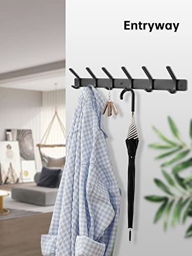Coat Rack Wall Mounted with 6 Dual Hooks Rail for Hanging Clothes Hats Bags Keys at Entryway Towel Head Wraps Robes at Mudroom Mugs at Kitchen Room Organization (Black)