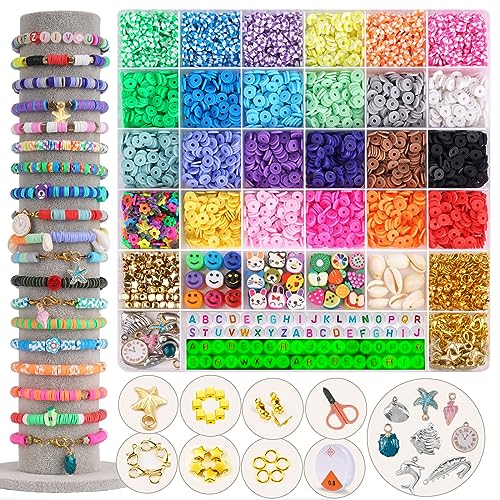 FZIIVQU 6100 Pcs Clay Beads Bracelet Making Kit 24 Colors Flat Clay Beads Set Friendship Bracelet kit with Polymer Clay Heishi Bead UV Letter Beads for Jewelry Earrings Making