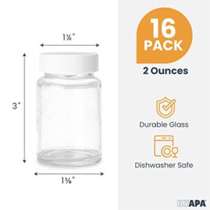 Ilyapa Glass Juice Shot Bottles Pack of 16-2oz On The Go Beverage Storage Container with White Cap, Reusable, Leak Proof