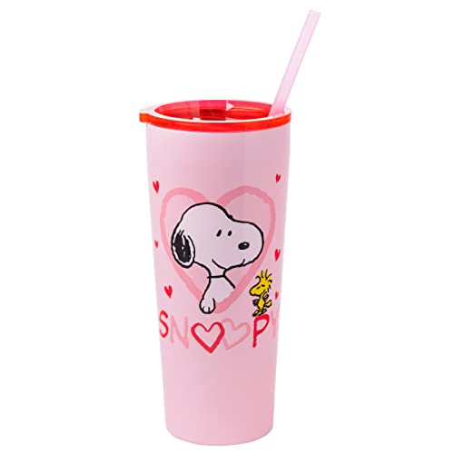 Silver Buffalo Peanuts Snoopy Woodstock Hearts Double Walled Stainless Steel Tumbler w/Straw, 22 Ounces