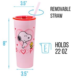 Silver Buffalo Peanuts Snoopy Woodstock Hearts Double Walled Stainless Steel Tumbler w/Straw, 22 Ounces