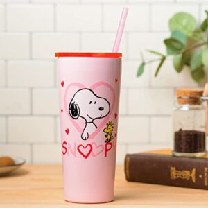 Silver Buffalo Peanuts Snoopy Woodstock Hearts Double Walled Stainless Steel Tumbler w/Straw, 22 Ounces