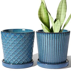 le tauci plant pots, 5.5 inch pots for indoor plants, planters with drainage hole and saucer for home or office, flower pots for succulent, snake plants and cactus, set of 2, reactive glaze blue