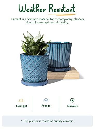 LE TAUCI Plant Pots, 5.5 Inch Pots for Indoor Plants, Planters with Drainage Hole and Saucer for Home or Office, Flower Pots for Succulent, Snake Plants and Cactus, Set of 2, Reactive Glaze Blue