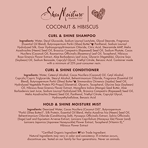 SheaMoisture Moisturize and Define Shampoo, Conditioner, and Curl and Shine Mist for Curly Hair Care Coconut and Hibiscus with Shea Butter and Coconut Oil