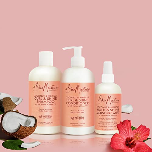 SheaMoisture Moisturize and Define Shampoo, Conditioner, and Curl and Shine Mist for Curly Hair Care Coconut and Hibiscus with Shea Butter and Coconut Oil