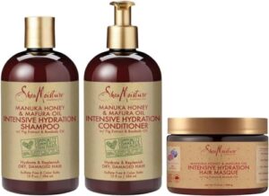 sheamoisture hydrate and replenish shampoo, conditioner and hair masque for curly hair manuka honey and marfura oil deep conditioning hair treatment to hydrate and replenish hair 3 count