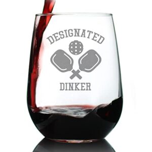 designated dinker - stemless wine glass - funny pickleball themed decor and gifts - large 17 oz glasses