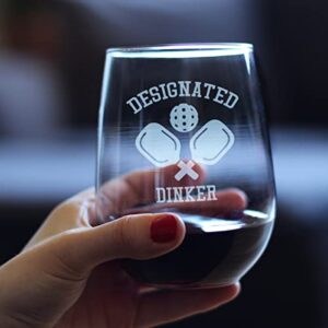 Designated Dinker - Stemless Wine Glass - Funny Pickleball Themed Decor and Gifts - Large 17 Oz Glasses